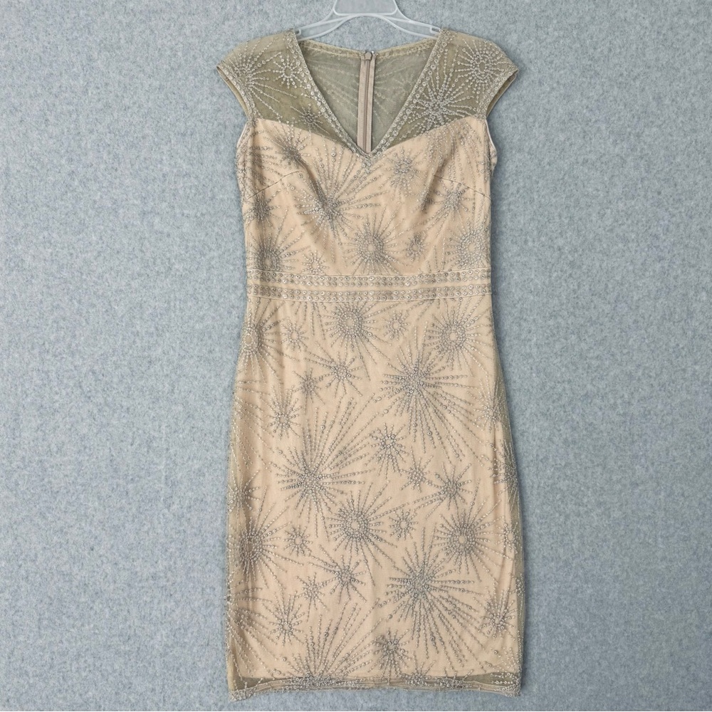 Tadashi Shoji Dress Womens 8 Nude Silver Luca Embroidered Tulle Classic Luxury